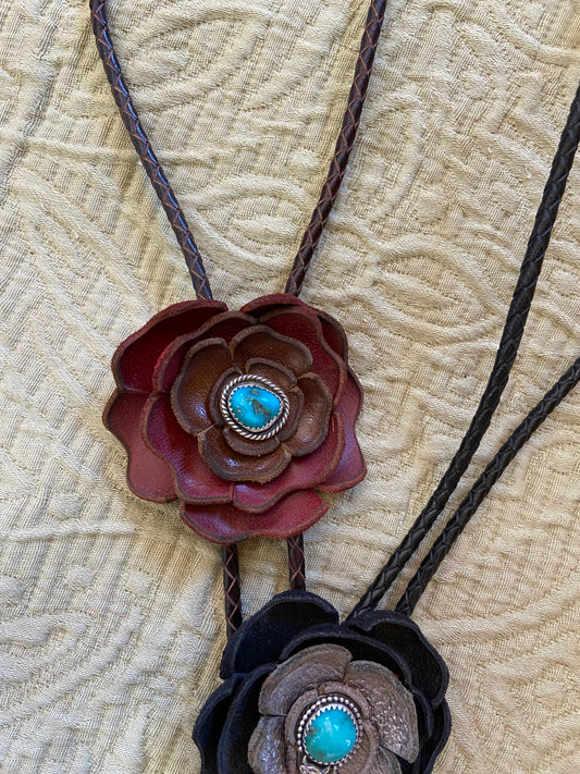 Leather Bolo Style Necklace Red and Brown