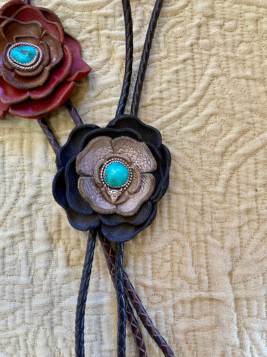 Leather Bolo Style Necklace Black and Silver